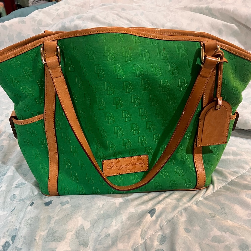 Authentic Dooney & Bourke signature canvas tote bag, large satchel, green DB